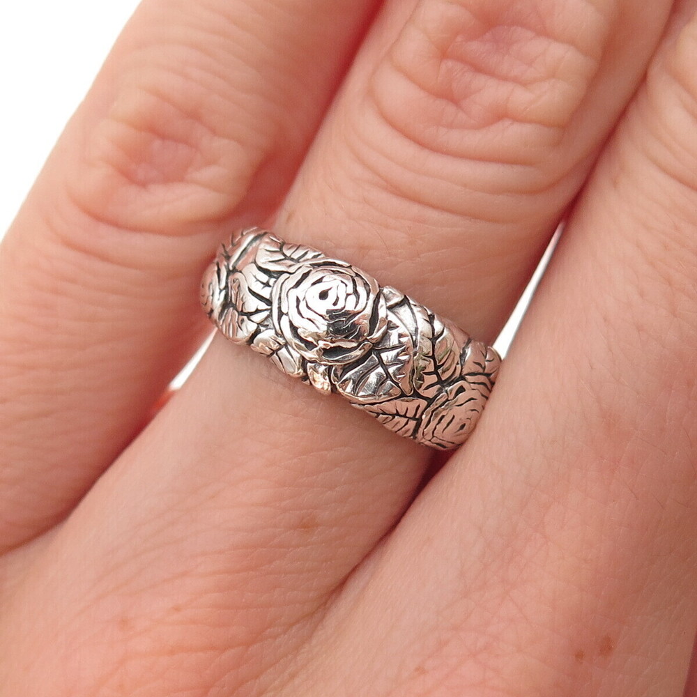 Silver Fox 925 Sterling Vintage Rose Floral Oxidized Ring Size 4.75